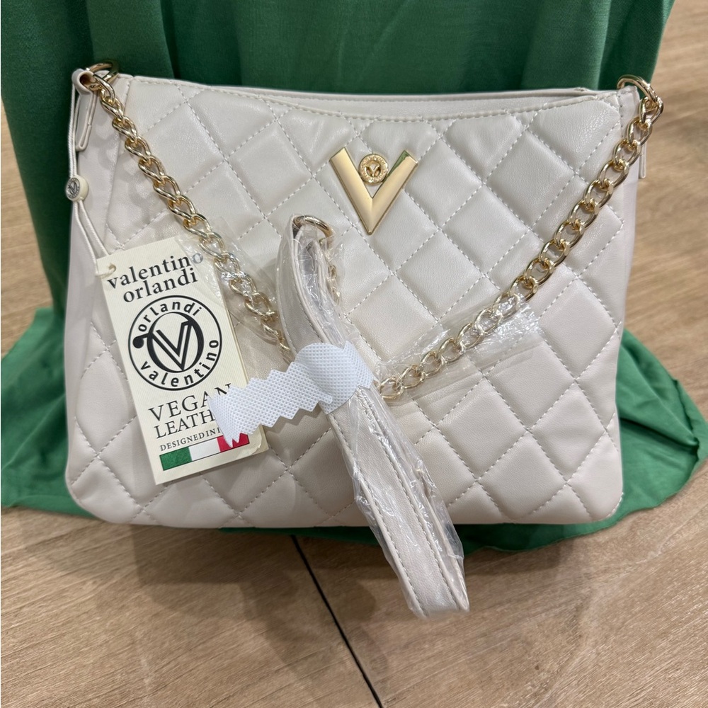Valentino Orlandi Cream Quilted Vegan Leather Shoulder Bag